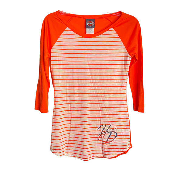 Harley-Davidson Tops - Harley Davidson Women Top Raglan Striped 3/4 Sleeves Orange White Size XSmall